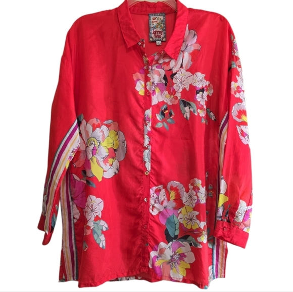 Johnny Was Passion Iris Silk Button Front Shirt Small Red Floral Print - Picture 2 of 8